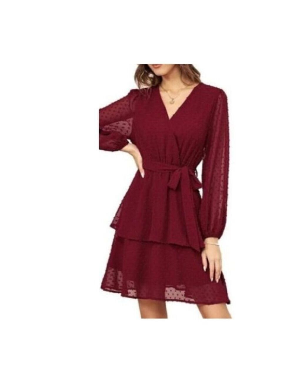 Grace Karin Burgundy Long Sleeve Wrap Tiered Dress